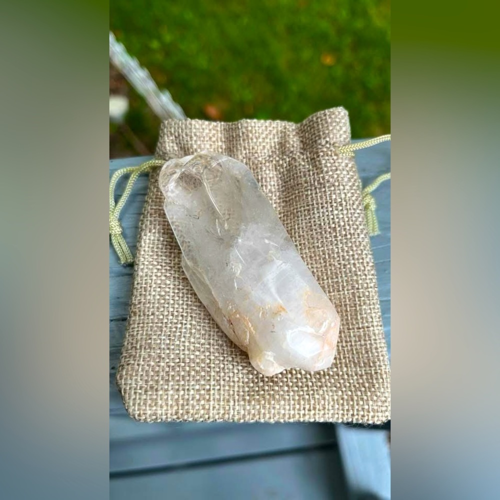Clear Quartz Crystal on Burlap Pouch